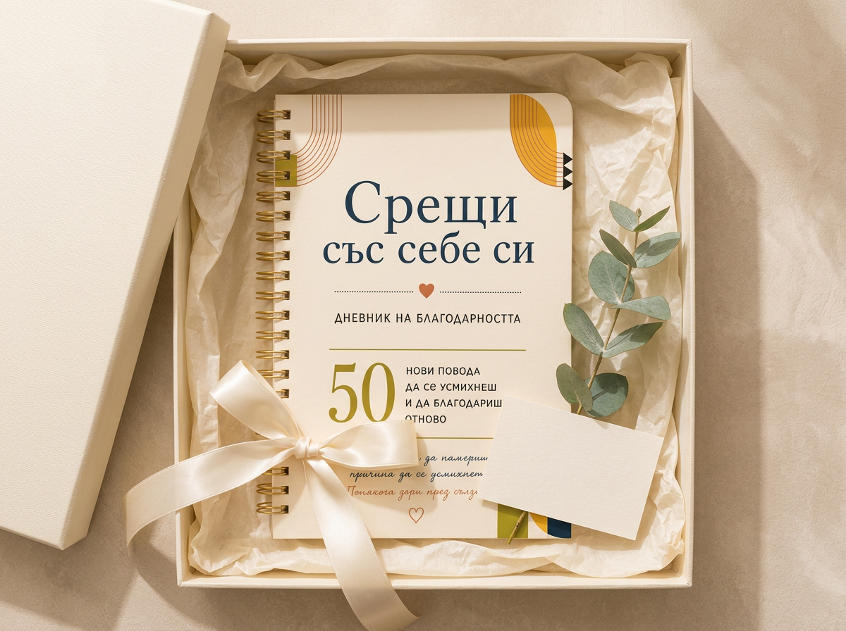 Дневникът в подаръчна кутия с панделка, картичка и мека опаковка
